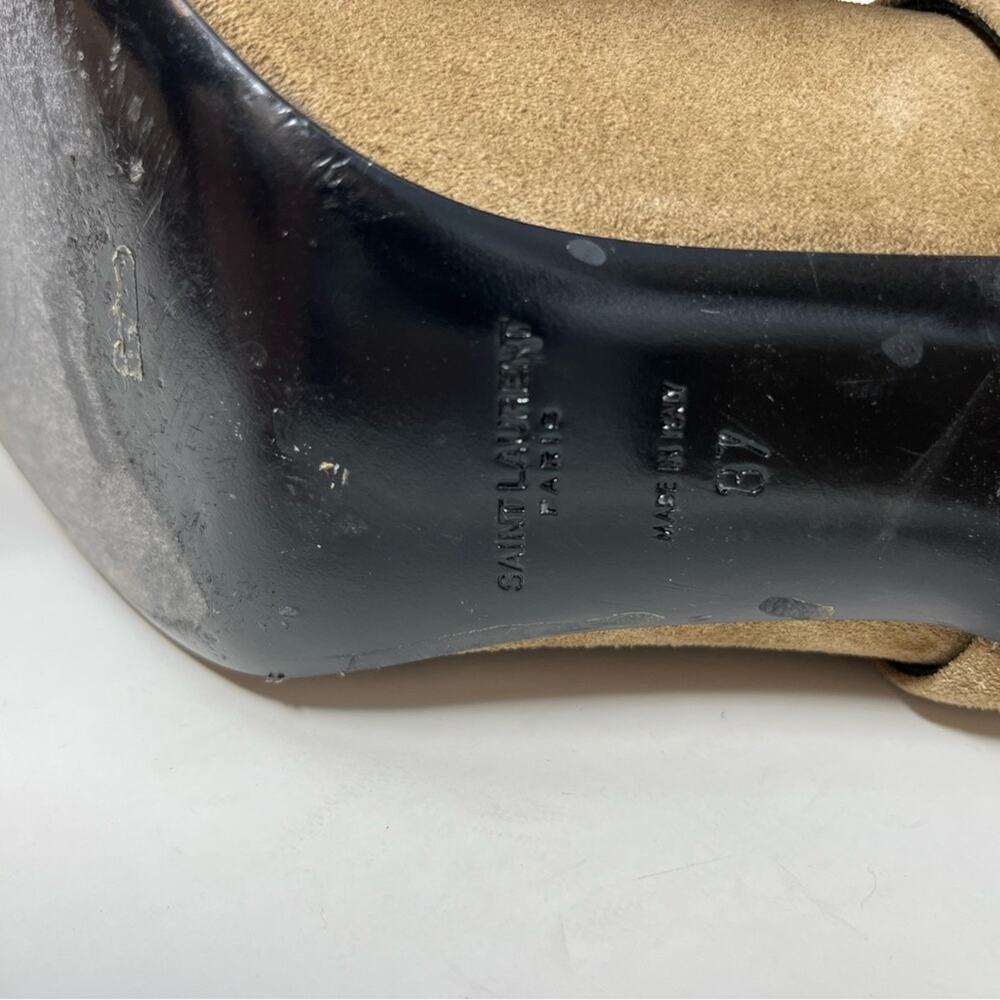 Saint Laurent Babies 90 Cross Ankle Boot Tan /Taupe Suede Block Heel YSL logo 37 - Picture 9 of 10